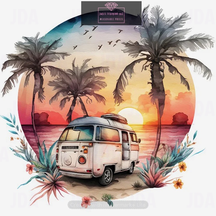 Coconut Grove Seaside Campervan 30*30cm full round drill diamond painting