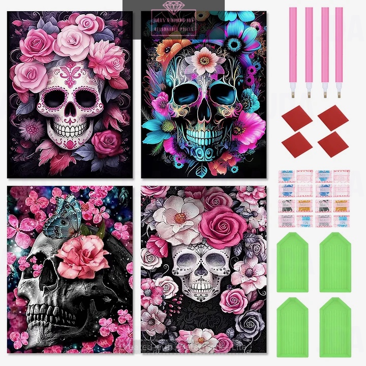 4 pcs Flower Skull 30*40cm full round drill diamond painting