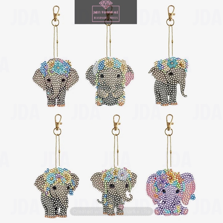 6 pcs Double Sided Special Shaped Diamond Painting Keychains Elephant