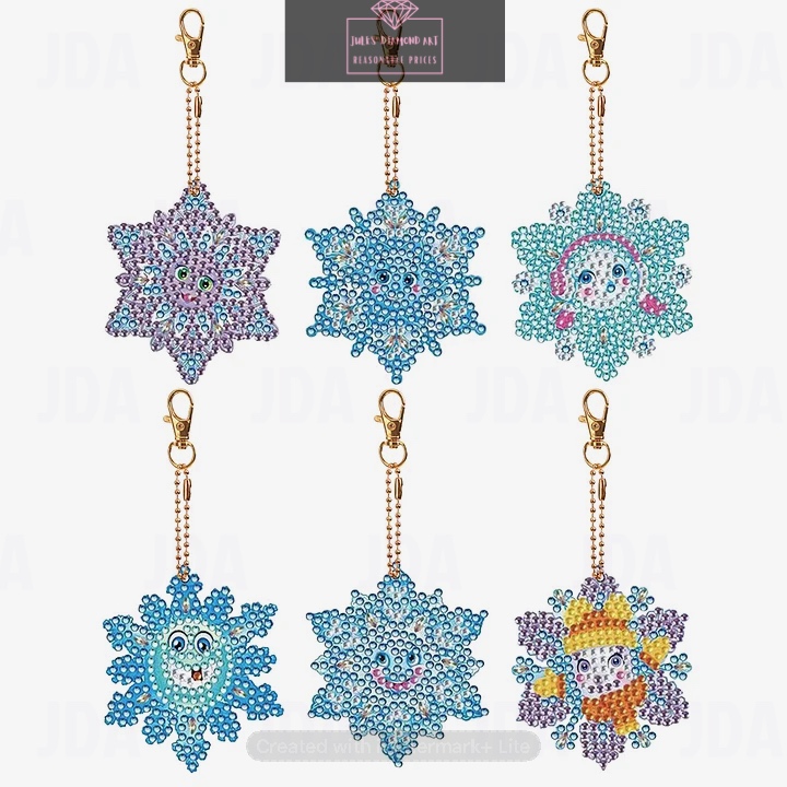 6 pcs Double Sided Diamond Painting Keychain Snowflake