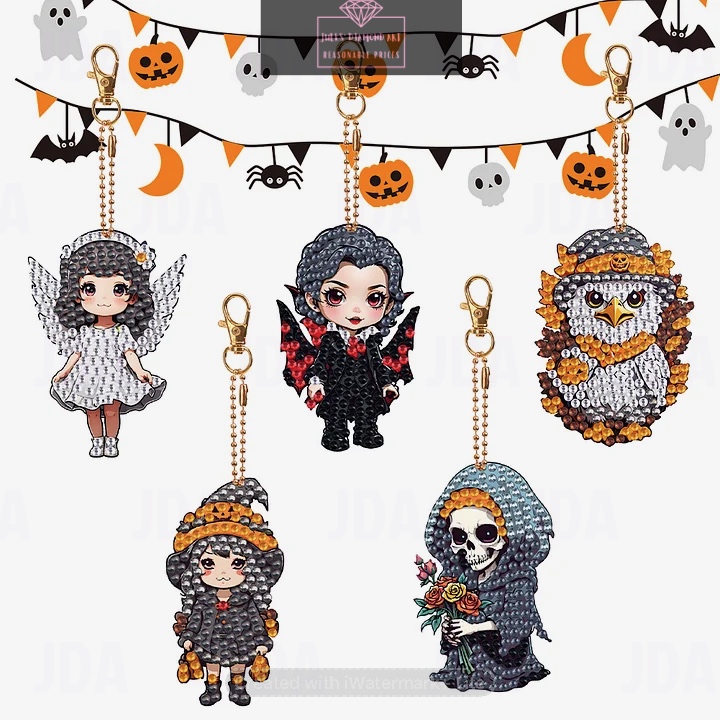 5 pcs Double Sided Diamond Painting Keychain Halloween