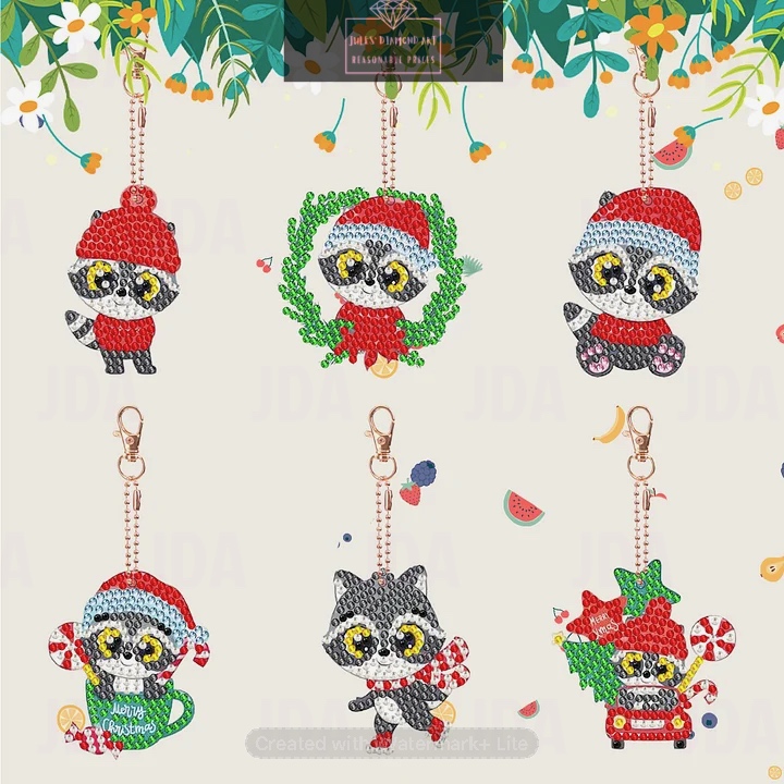 6 pcs Double Sided Keychain Diamond Painting Small Animal Christmas