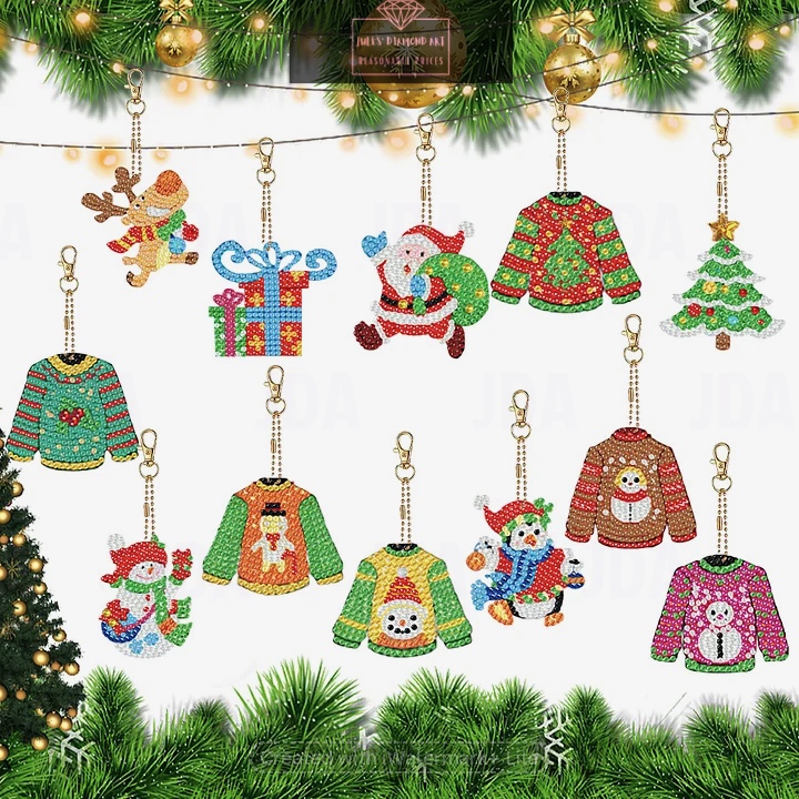 12 pcs Double Sided Diamond Painting Keychains Christmas