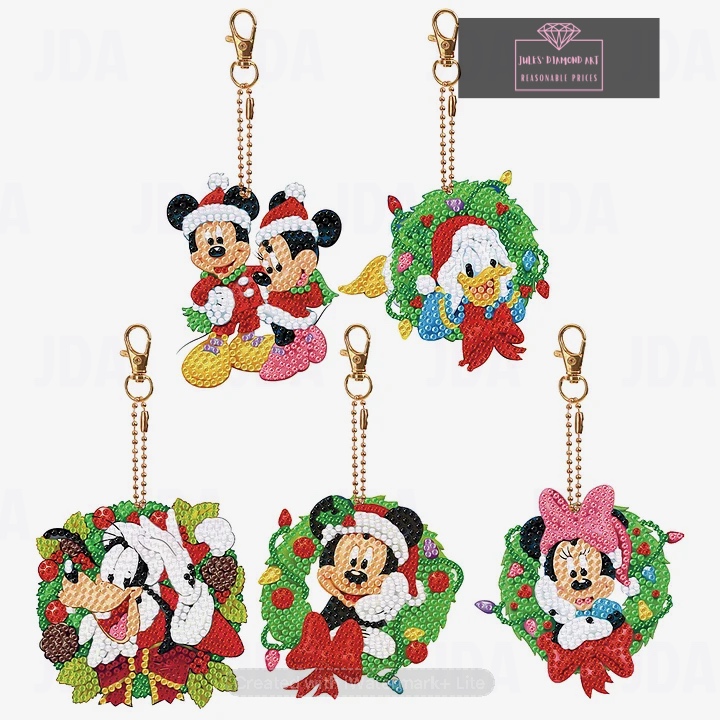 5 pcs Diamond Painting Double Sided keychains Xmas Mickey Pals