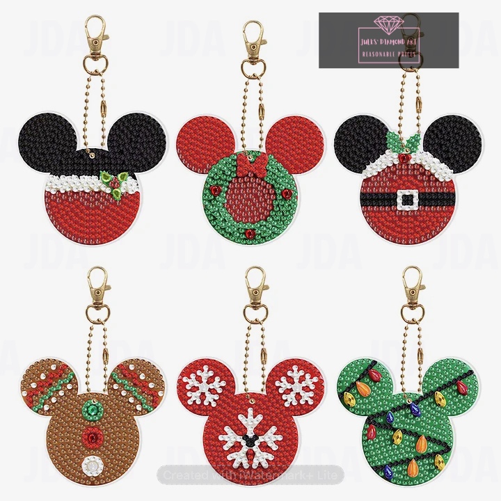 6 pcs Diamond Painting Keychains Double Sided Special Shaped Drills Xmas Mickey Mouse