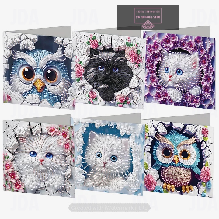 6 pcs Owl Cat Diamond Painting Greeting Card