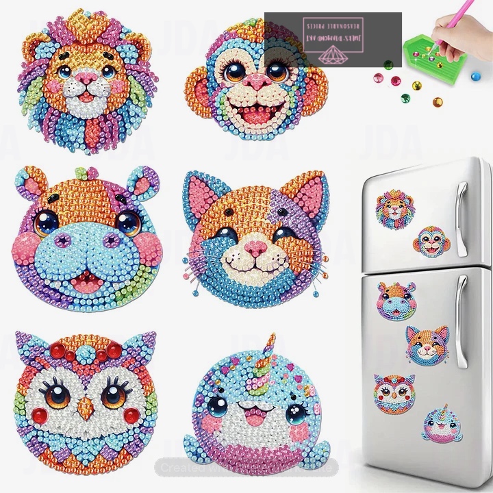 6 pcs Acrylic Animal Head Diamond Painting Fridge Magnet