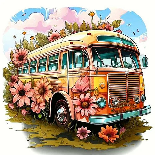 Pink Sunflower Bus 30*30cm full round drill diamond painting