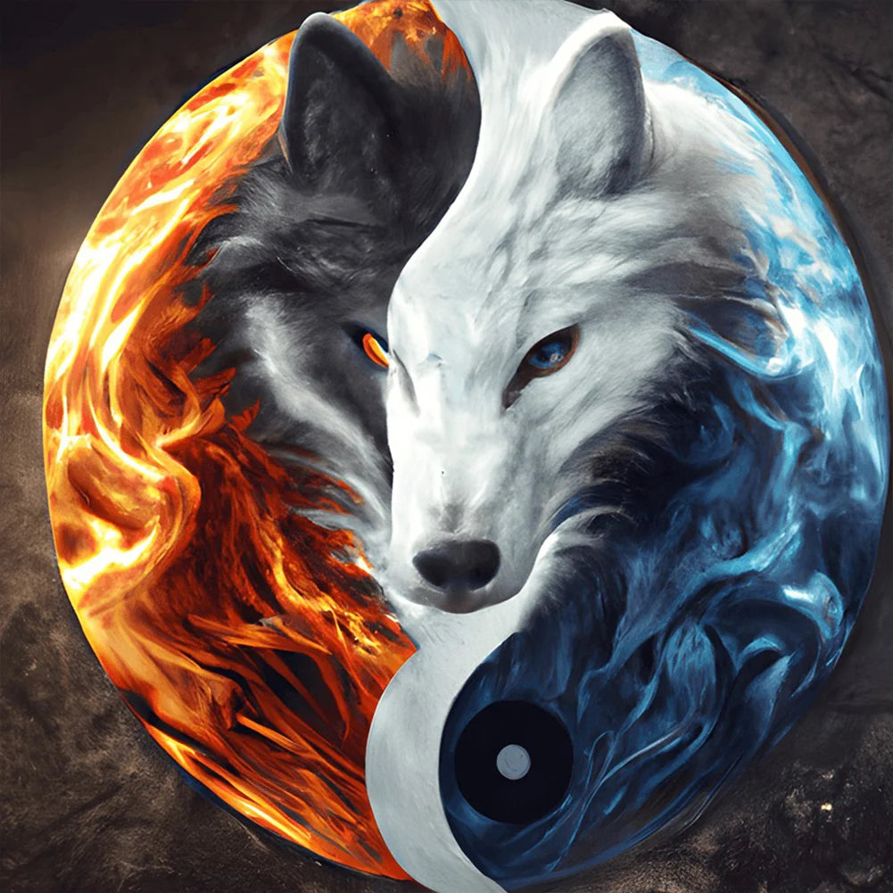 Yin Yang Symbol with Ice and Fire and Two Wolves full round drill diamond painting
