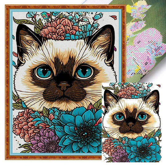 Siamese Cat And Flower Full 11CT Pre-stamped 40*55cm Cross Stitch