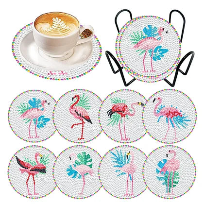 8 pcs Diamond Painting Coasters with holder Flamingo
