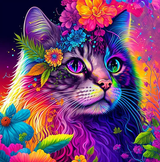 Colourful Cat Flower 50*50cm full round drill diamond painting