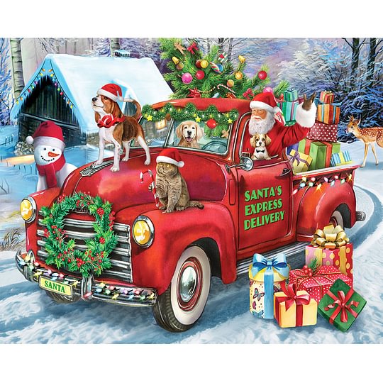 Santa Red Car Cats And Dogs 50*40cm full round drill diamond painting