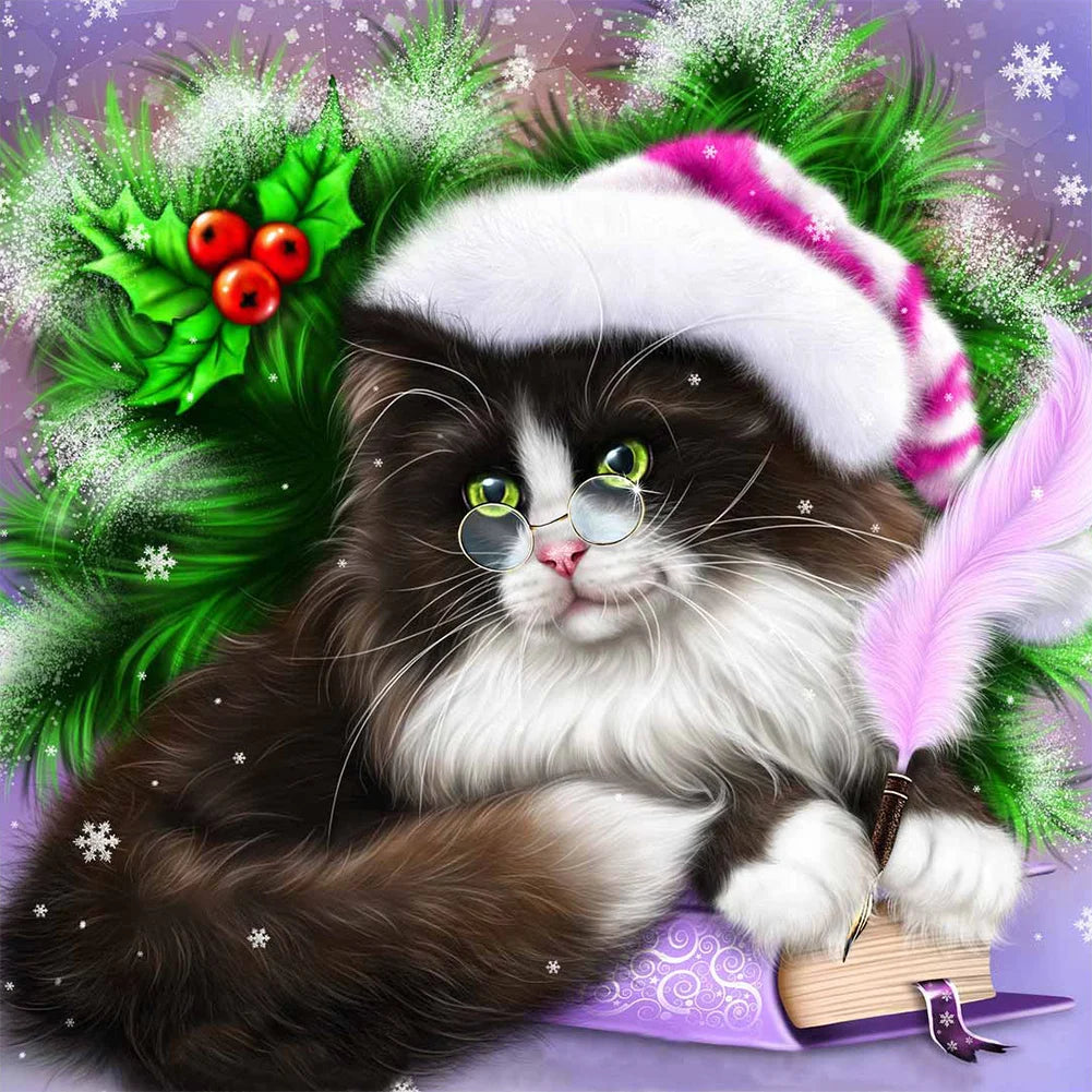 Christmas Cat 30*30cm full round drill diamond painting