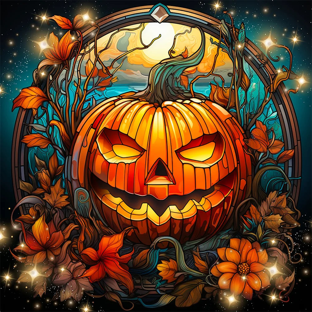 Full Round Drill Diamond Painting 30*30cm Halloween Funny Pumpkin Glass