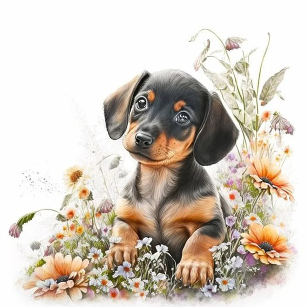 Puppy looking among flowers 30*30cm full round drill diamond painting
